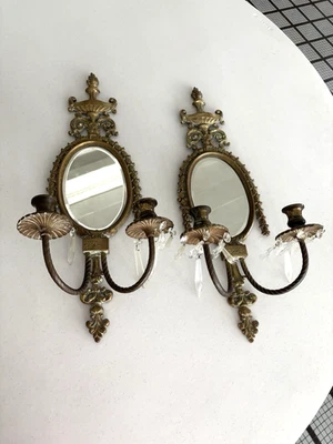 19th Century Pair of Brass Wall Sconces w/Oval beveled mirror, 2 Arm each X1 - Image 1 of 4
