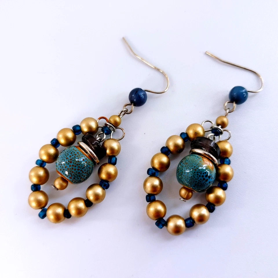 Pendientes colgantes de cuentas de oro bohemio turquesa cerámica gota anzuelo Foto 1 de 4