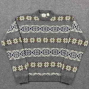 Suéter Vintage GAP Para Hombres Grande Gris Lana Shetland Cuello Redondo Fair Isle Tejido Años 90 - Imagen 1 de 12