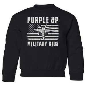Purple Up Military Kids - US Flag Fighter Jet Design Youth Crewneck Sweatshirt - Picture 1 of 3