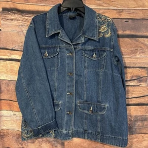 Khazana 2X Denim Jacket Women Floral Embroidered Sequins 4 Pocket 5 Button - Picture 1 of 8