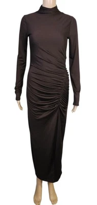 ASOS DESIGN High Neck Long Sleeve Ruched Side Midi Dress in Chocolate S - Image 1 of 4