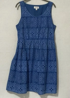 ELLE Women's Blue Patterned Dress Sz L Lined Sundress Cruise Party Cotton Blend - Image 1 of 4