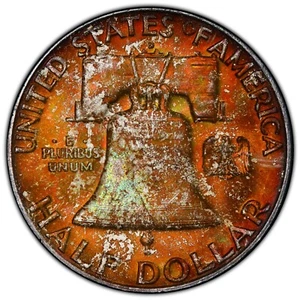 1958 D Franklin Silver Half Dollar PCGS MS65FBL Rainbow Toned Oranges & Greens - Picture 1 of 4