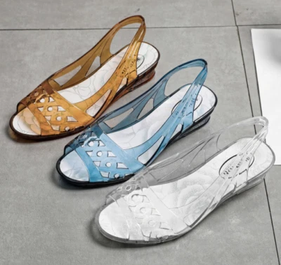 Mujeres Verano Peep Toe Verano Zapatos de Playa Cuña Tacones Altos PVC Sandalias con Cordones Foto 1 de 4