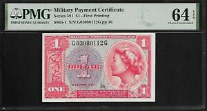 US Military Payment 1 Dollar Series 591 PMG 64 EPQ UNC Used in 1961-1964 