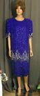 VTG 80s NWT Lovely Cobalt Blue &amp; Silver Beads Scalia 100% Silk Fancy Dress, 1X