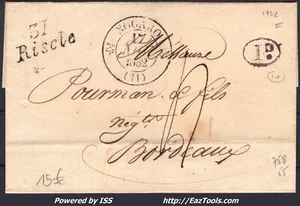 FRANCE MARQUE POSTALE GRIFFE 31 RISCLE + CAD TYPE 12 NOGARO DU 17/11/1852 - Picture 1 of 2