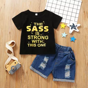 2PCS Toddler Kids Baby Boys Girls Clothes Tops+Denim Shorts Jeans Outfits Set - Picture 1 of 9