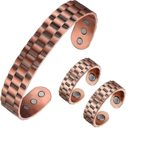 Pure Copper Magnetic Bracelet 2 Rings Set Arthritis Therapy Men Women Cuff Chain - Picture 1 of 12
