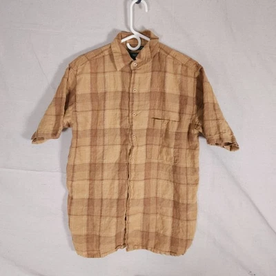 Bruno Mens Button Shirt M Plaid Tan Short Sleeve Washable Linen Resort Casual - Image 1 of 4