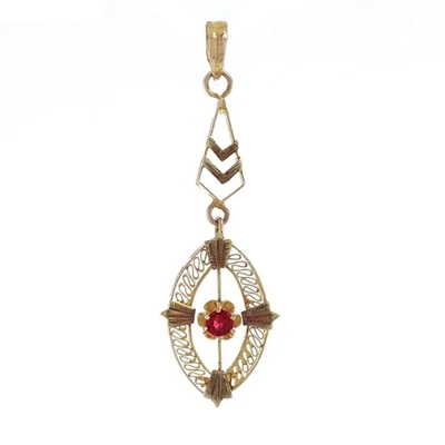 Colgante solitario Art Deco doblete vidrio/granate oro amarillo filigrana vintage 14k Foto 1 de 4