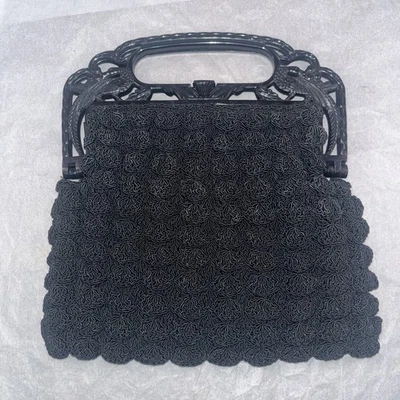 Vintage Black Crocheted Gimp Victorian 8” Clutch Purse Plastic Peacock Handles - Image 1 of 4