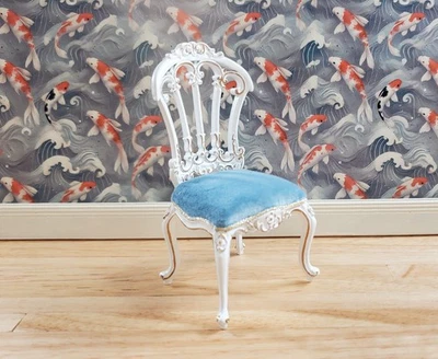 JBM娃娃屋维多利亚式梳妆椅白金蓝色1:12比例家具 — 第 1/4 张图片