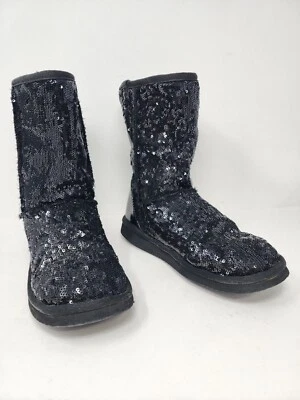 Arizona Womens 7 Black Sequin Boots Mid Calf Faux Fur Lining  - Image 1 of 4
