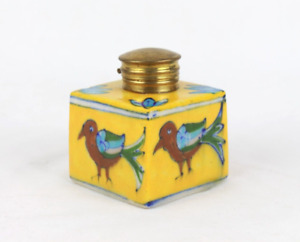 Vintage Ceramic Inkwell: Handmade Bird & Floral Design, Yellow Pottery Brass Cap