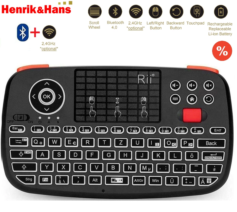 Tastatur Touchpad Mausrad Funk Mini Dualmodus Backlit PC Keyboard DE Rii i4 - Bild 1 von 4