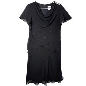 R&M Richards Chiffon Tiered Beaded Sheer Cowl Neck Dress Womens 16 Black - Picture 1 of 11