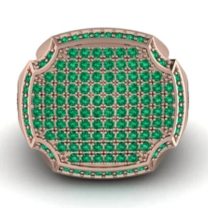 Men's 3 Ct Round Simulated Green Emerald Signet Ring 14K Rose Gold Plated Silver - Picture 1 of 6