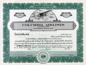 19__ Columbia Airlines Stock Certificate - Picture 1 of 1