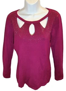 OLIVER by ESCIO Fushia Pink Sweater Women Size MEDIUM Rhinestone Keyhole Stretch - Picture 1 of 10