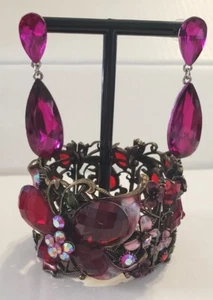 Bracelet & Earring Set. Dark Reds Pinks Magenta & AB Brilliant Colors stones - Picture 1 of 12