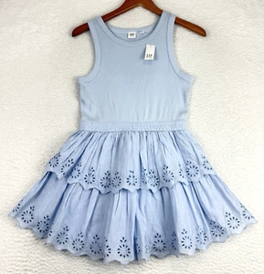 GAP Kids Eyelet Tiered Ruffle Dress Girls Size Large 10 Blue New $49 - Picture 1 of 14