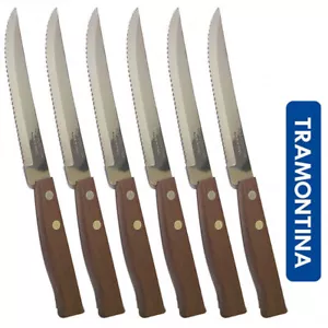 COLTELLI MANICO LEGNO TRAMONTINA DA BISTECCA A PUNTA CON LAMA SEGHETTATA 6 PEZZI - Foto 1 di 1