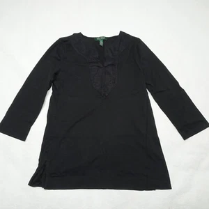 Lauren Ralph Lauren Petite Size PS Black Split Neck 3/4 Sleeves Tunic Top - Picture 1 of 4