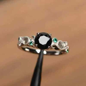 Round Cut Lab-Created 2.00Ct Black Spinel Engagement Ring 14K White Gold Plated - Picture 1 of 5