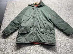 Vintage Montgomery Ward Mens XL Coat Jacket Green Orange Hooded Fur - Picture 1 of 11
