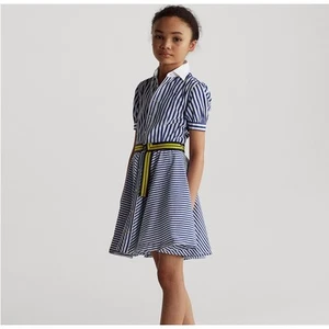 Polo Ralph Lauren Girls Dress Blue White Stripe Belted Shirt Dress Cotton - Picture 1 of 13