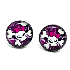 Pink Skull Crossbones Earrings Studs Tattoo Goth Girl Emo Metal Rock Jewellery - Picture 1 of 6