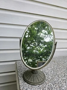 Vintage Ornate Standing Two Sided Oval Mirror One Side Magnified - 11.5” Tall - Picture 1 of 8
