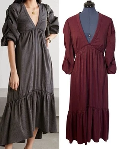 La Ligne Gitane Dress Maroon Striped Tiered Maxi Puff Sleeves Boho Festival L - Picture 1 of 17
