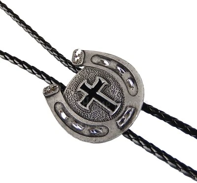 Corbata Bolo Esmalte Cruzado Herradura Ajustable 35" Cordón Trenzado Puntas Plateadas Hecha en EE. UU. Foto 1 de 4