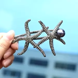 Rhinestone Silver Starfish Hair Clip with Faux Pearls - Picture 1 of 3