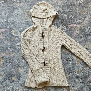 Vintage Y2K Abercrombie maglione con cappuccio cardigan toggle bottone a botte alpaca beige S - Foto 1 di 8