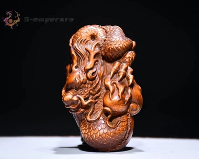 Coleção chinesa de madeira de buxo figura de dragão estátua peça de mão - Imagem 1 de 4
