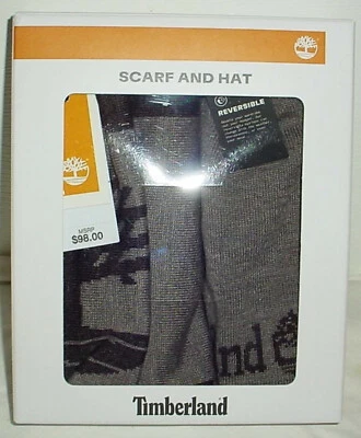Conjunto de bufanda y sombrero gris reversible Timberland para hombre logotipo jacquard nuevo Foto 1 de 2