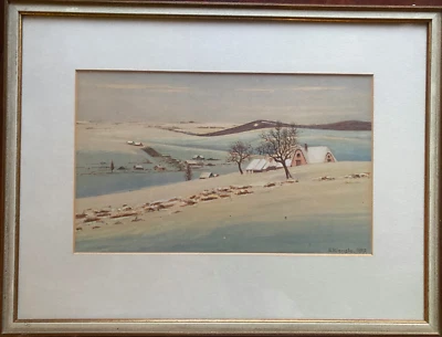 Pintura en acuarela firmada G. Kinzle 1917 paisaje de nieve en el campo con casas Foto 1 de 4