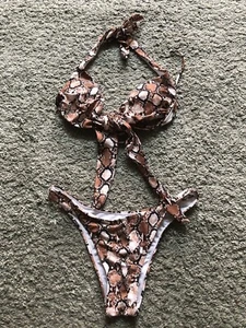 Brown Snake Print Halter Neck Bikini M Worn Once - Picture 1 of 4