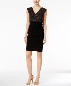 Nuevo con etiquetas $195 Connected Mujer Negro Metálico Lentejuelas Cuello Capucha Vestido Funda Talla 12 - Imagen 1 de 12