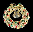 Christmas Wreath Jingle Bell Vintage Brooch Pin Estate Costume Jewelry Statement