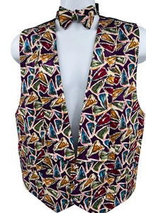 R Hanaver Formal Silk Vest Tie Set Vtg 80s 90s Purple Multi Geo Print Mens Large - Picture 1 of 8