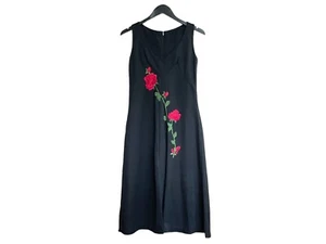 Vintage Sleeveless Embroidered Party Club Flower Dress Pleat Black Rose NO SIZE - Picture 1 of 11