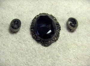Vintg Large Sapphire Cabochon Pin/Clip-On Earrings - Picture 1 of 1