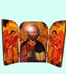 Tríptico religioso de madera hecho a mano icono Jesús y ángeles 6 pulgadas - Imagen 1 de 7