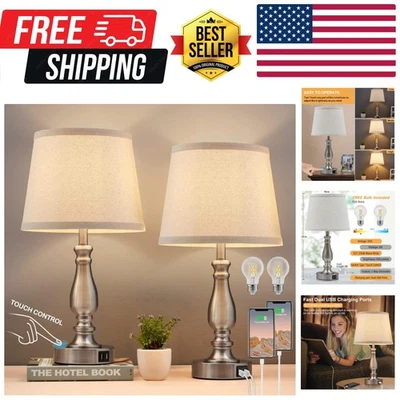 Lamps for Bedrooms Set of 2, Brushed Nickel Bedside Lamps with USB C+A Ports,... - Image 1 of 4