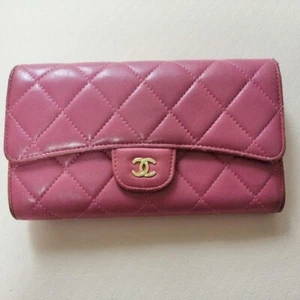 CHANEL Matelasse Caviar Skin Leather Bifold Long Wallet Pink Quilted from Japan - Picture 1 of 15